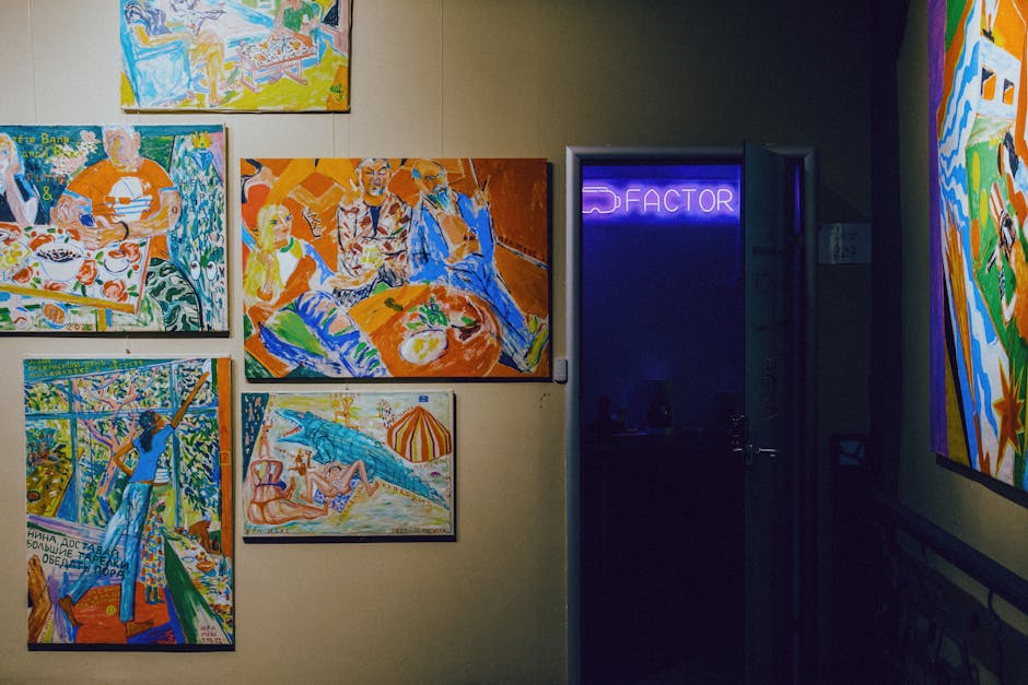 Dynamic art gallery interior, showcasing colorful paintings and a neon 'factor' sign.