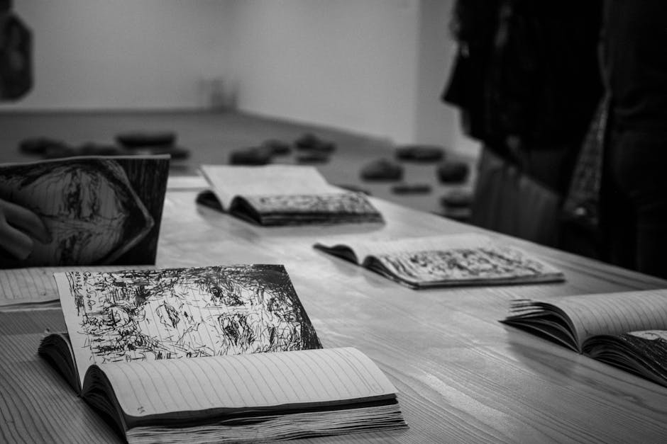 Monochrome photo of sketchbooks with artistic drawings on a table in an İstanbul gallery.